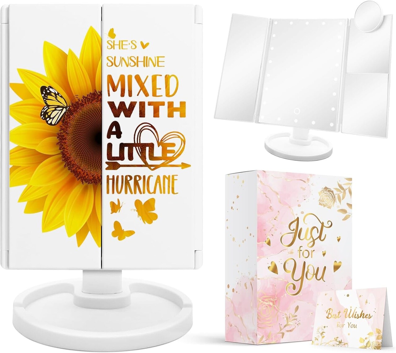 Sunflower Gifts for Women, Mothers Day Sunflower Gifts for Girl Lover, Yellow Makeup Mirror with Lights, Yellow Flower Butterfly Decor